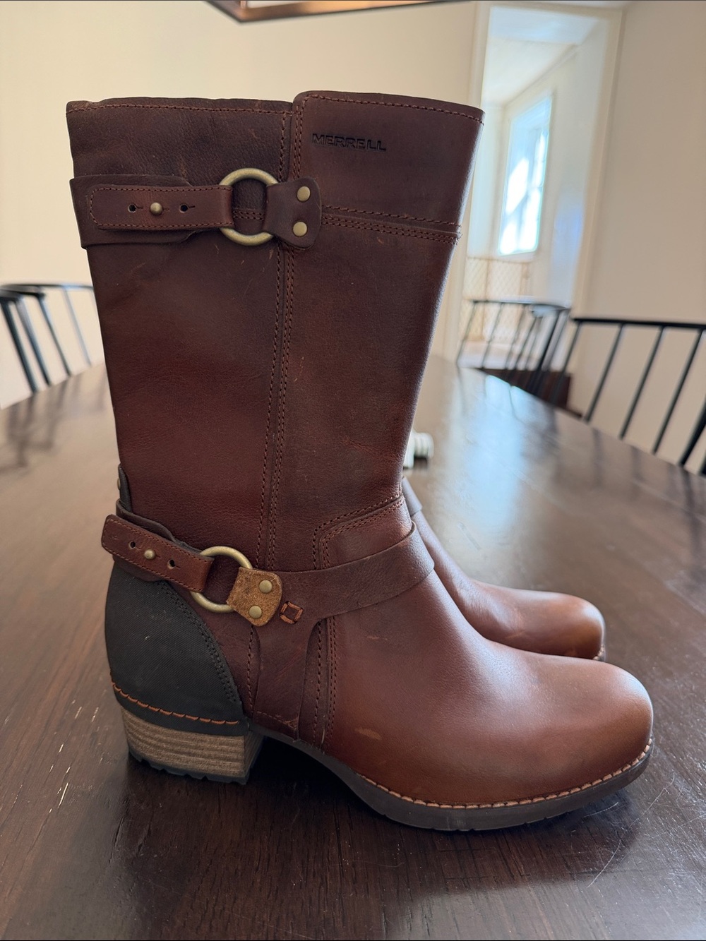 Merrell Brown Leather Mid-Calf Buckle Heeled Boots
